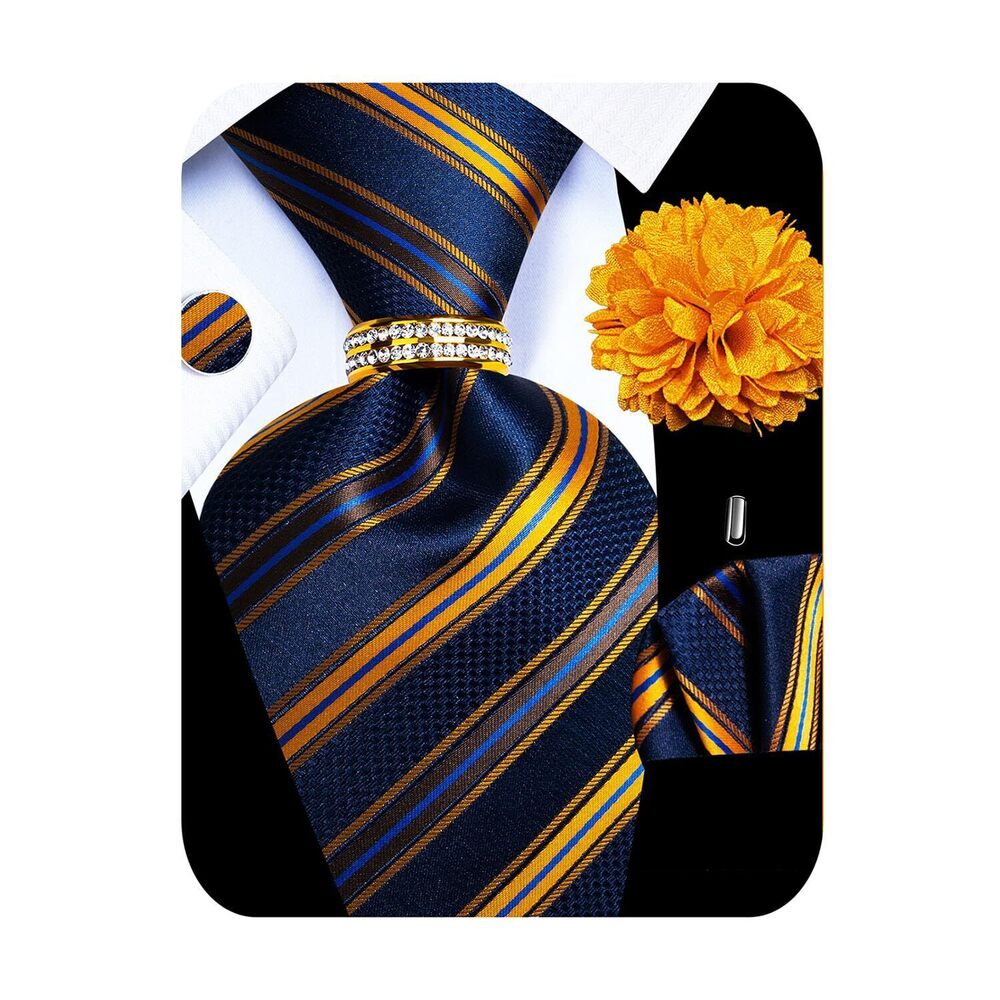 8920 5PCS Silk Gold Striped Tie, Pocket Square, Cufflinks, Drilled Tie Ring